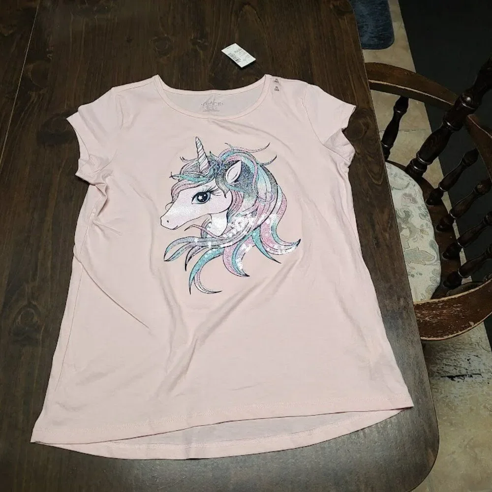 New The Children's Place Pink Glittery Unicorn  Shirt Size Girl's XL 14